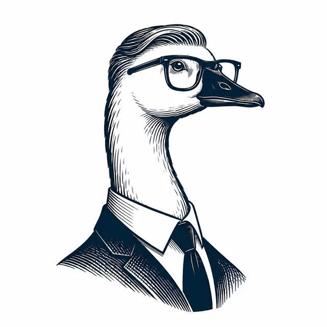 The Serious Goose, wearing glasses and a suit.